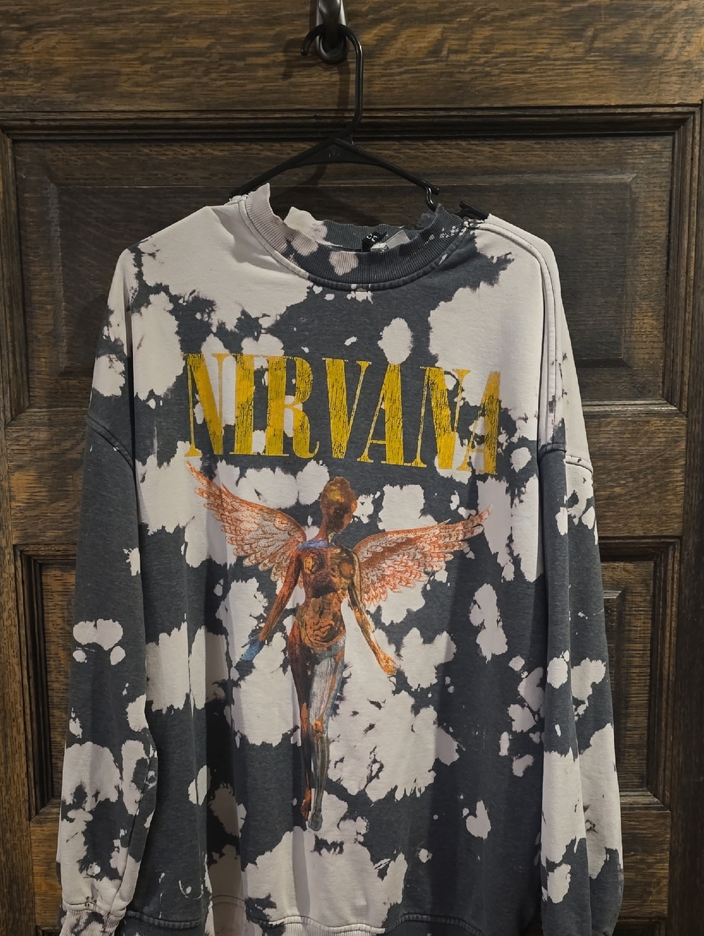 NIRVANA Black & White Bleach-Effect Pullover with Yellow Logo
